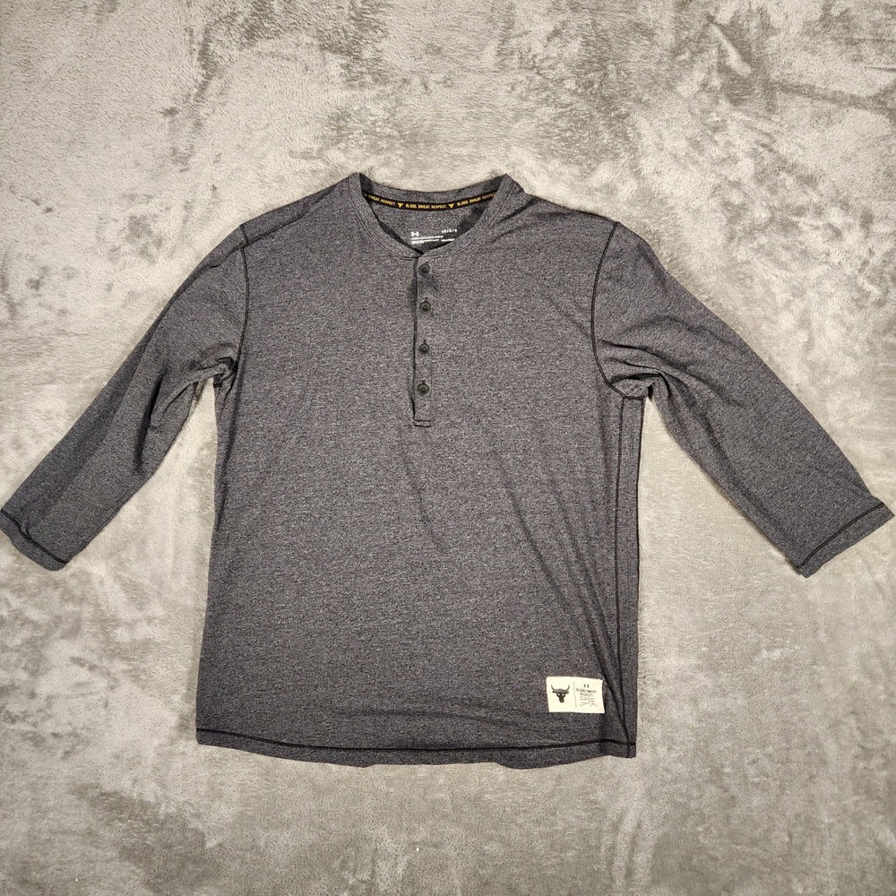 Under Armour Project Rock Henley Mens Large Gray Excellent 3/4 Sleeve HeatGear